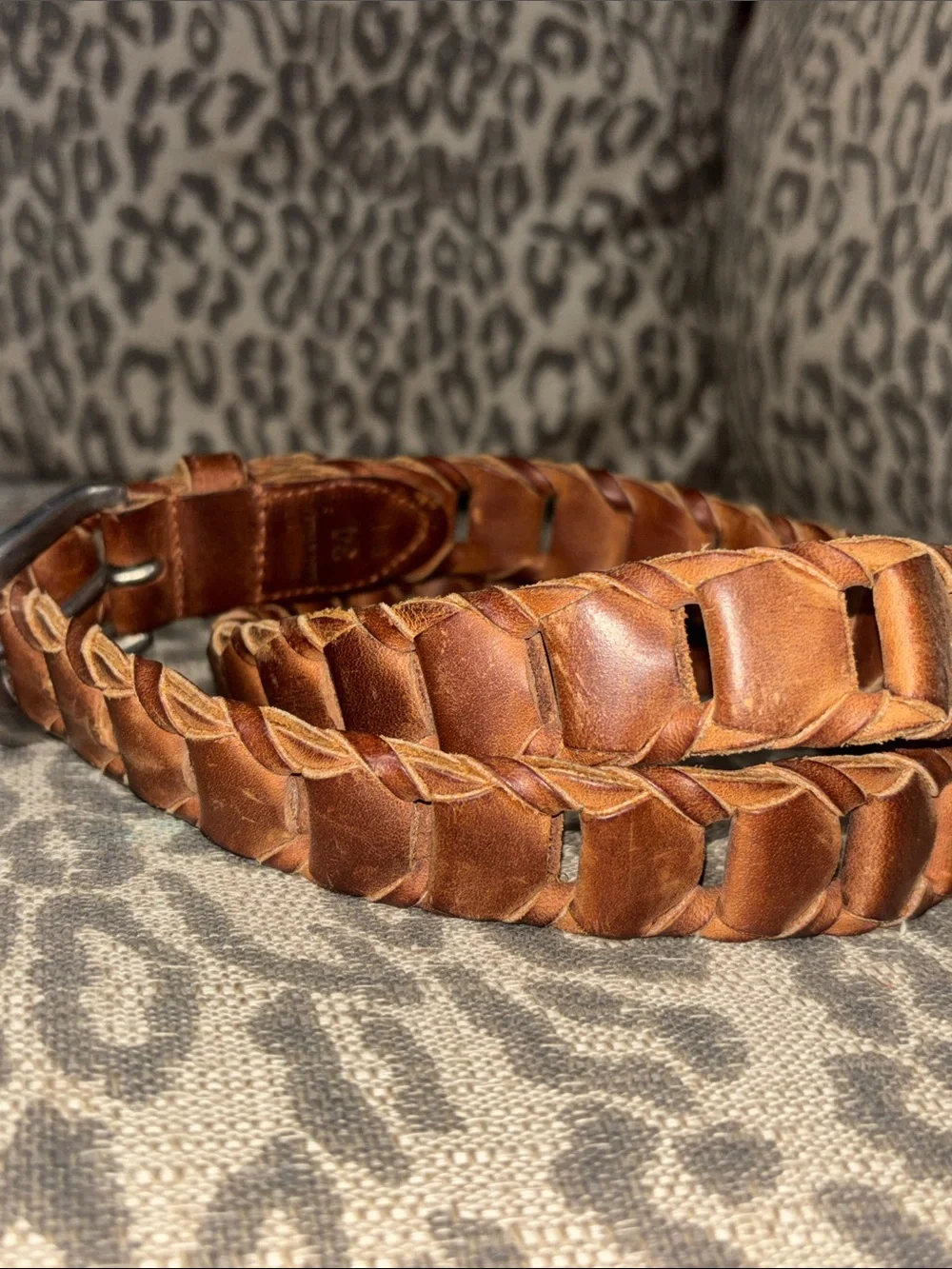 Distressed braided leather belt Argentina leather brushed nickle buckle men’s 34